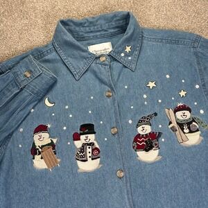 Christopher & Banks Womens‎ Denim Shirt Snowman Embroidered Long Sleeve Button